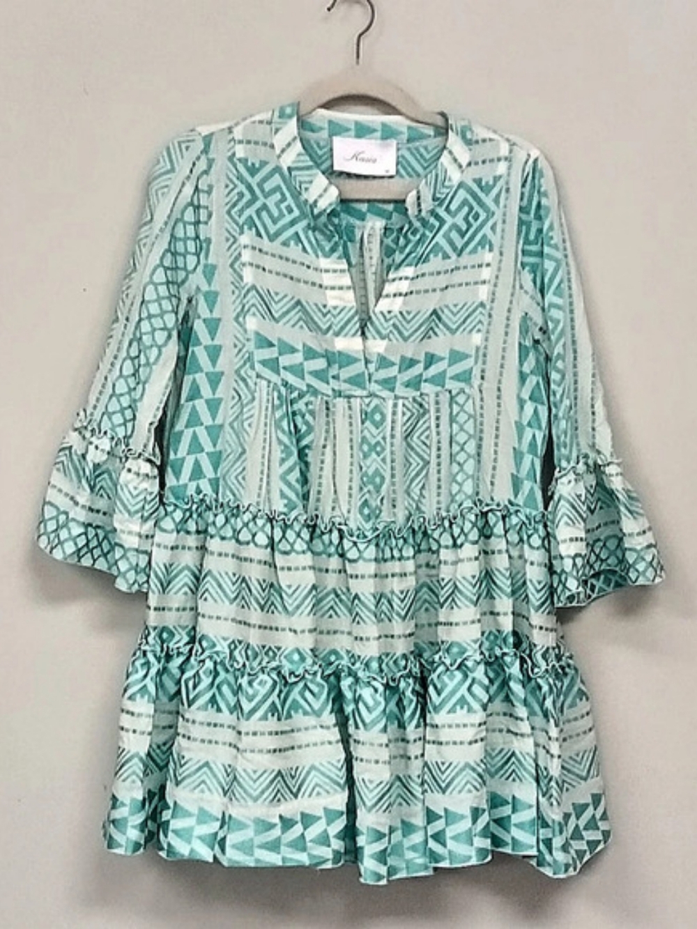 Kasia Geometric Babydoll Ruffle Sleeve Cotton Mini Dress Teal White Medium Boho